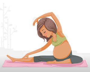 pregnant women yoga. pre-natal exercises. eight months pregnant. beautiful pregnant woman exercising. while sitting in lotus position. Vector illustrations isolated on white background.
