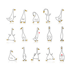 Funny goose set, sketch for your design