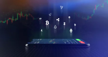 Foto op Aluminium Futuristic stock exchange scene with crypto currency icons and smartphone  (3D illustration) © Open Studio