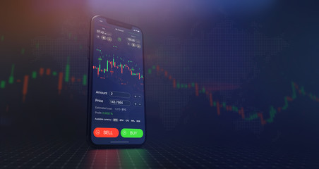 Futuristic stock exchange scene with mobile phone, chart, numbers and BUY and SELL options (3D illustration)