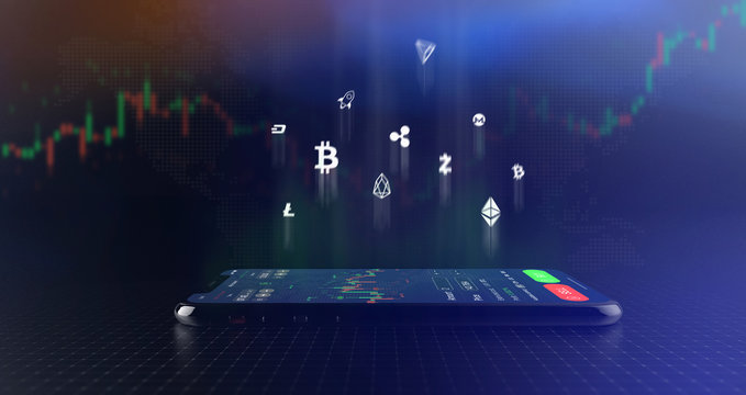 Futuristic stock exchange scene with crypto currency icons and smartphone  (3D illustration)