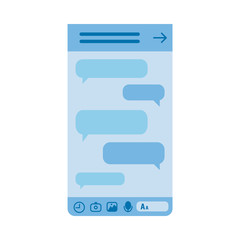 Obraz premium Vector blue smartphone digital virtual screen with chat messages bubbles. Online social communication and network icon, messenger design template. Isolated illustration.