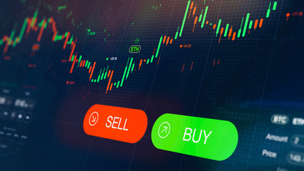 Futuristic stock exchange scene with chart, numbers and BUY and SELL options (3D illustration) - obrazy, fototapety, plakaty