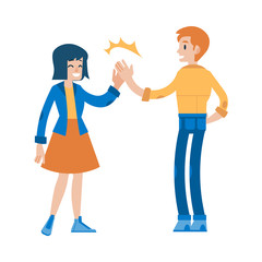 Vector female, male characters giving high five to colleagues greeting after successful development meeting, collaboration. Office worker, business woman, man and cooperation and teambuilding.