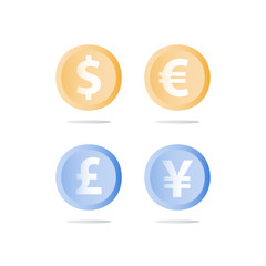 Money exchange, dollar, euro, pond and yen currency coins, cash loan, finance concept