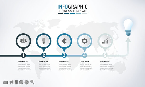Timeline infographics template design for presentation with 5 steps start to end point with bulb, work flow or process diagram, flowchart, vector illustration