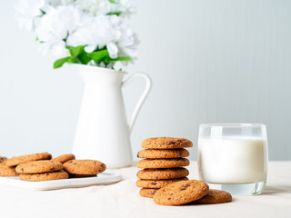 Chocolate oatmeal cookies and milk in glass, healthy snack. Light background, grey light wall