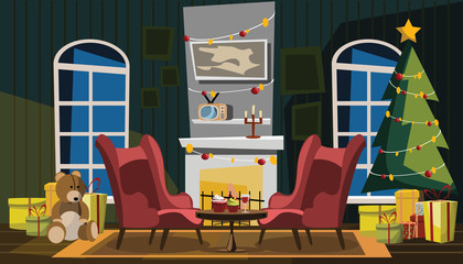 living room in Christmas Day vector illustration 