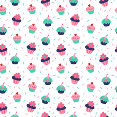 Seamless background with cupcakes and muffins on a white background - 230171062
