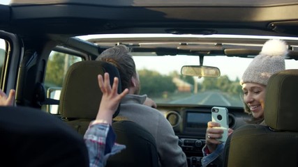 Mom Takes Photos Of Her Little Boy, He Raises His Arms In Air With Excitement, On Family Car Ride Through Beautiful Countryside, Slow Motion