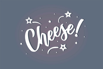 Cheese lettering card, banner. Beautiful greeting scratched calligraphy white text word stars. Hand drawn invitation print design. Handwritten modern brush blue background isolated vector