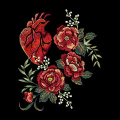 Embroidery floral pattern with red rose and heart. Vector embroidered elements with flowers for wearing design. - 230172811