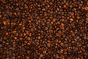 Coffee beans background. Top view. Coffee beans texture.