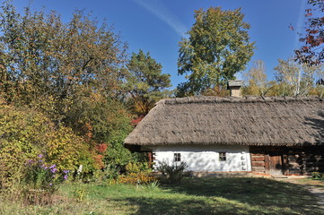 Fototapeta na wymiar House under the thatched roof in the village. Autumn.