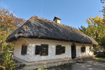 Fototapeta na wymiar House under the thatched roof in the village. Autumn.
