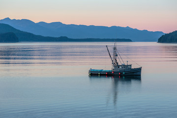 Boat in Juneau Harbor in Sunrise. Juneau Alaska