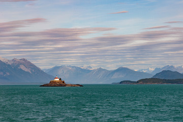 Fototapeta na wymiar Eldred rock Lightouse built in 1905 on the Sullivan Island, Lynn canal . Haines Alaska.