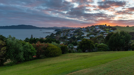 Panoramic view of Cable Bay at sunrise and Mangonui in New Zealand