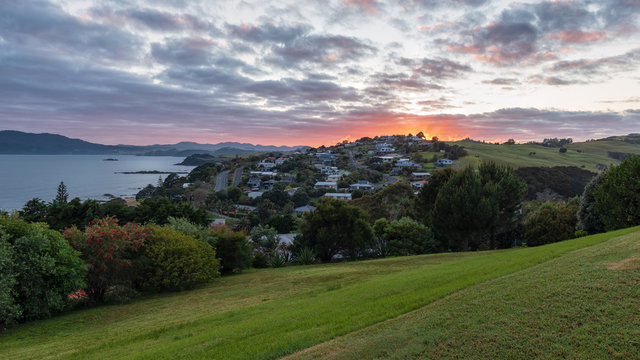 Panoramic view of Cable Bay at sunrise and Mangonui in New Zealand