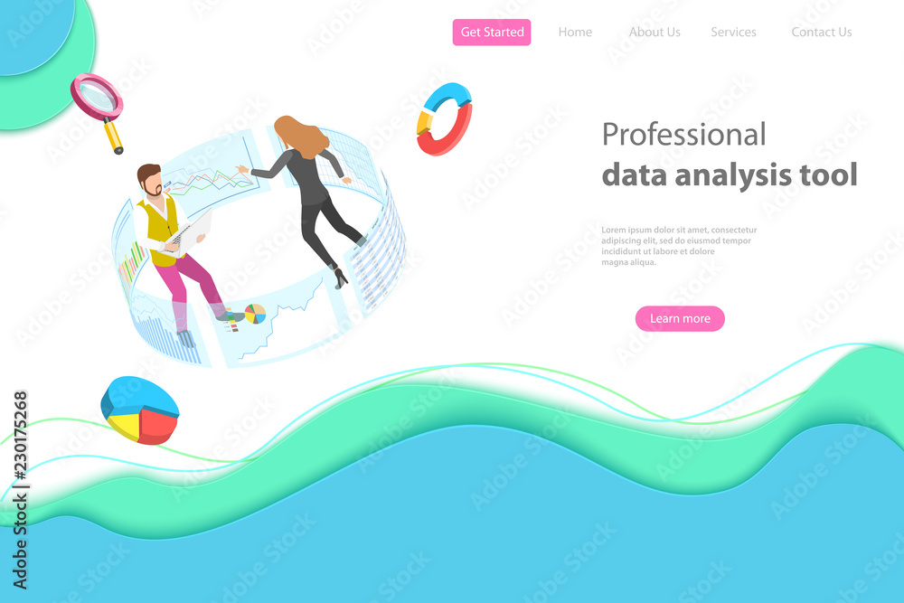 Poster flat isometric vector landing page template for data analysis, web analytics, seo audit report, mark