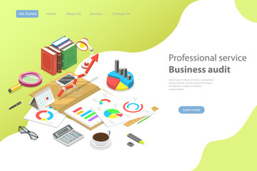 Flat isometric vector landing page template for business audit service, tax examination, financial report.