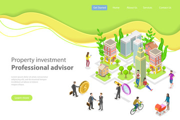 Isometric flat vector landing page template. Investment in property, real estate deal, mortgage.
