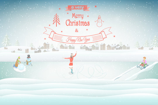 Christmas and New Year typography greetings on Xmas background with winter rural landscape and snowflakes.