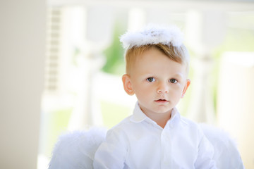 Adorable toddler boy in angel costume, angelic child.
