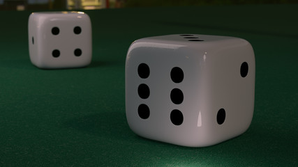 Close up view of two dices on a green table in casino. 3d generated.
