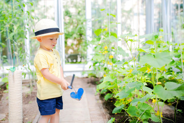 Cute toddler boy working in the greenhouse