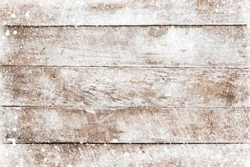 Christmas background - Old white wood texture with snow. top view, border frame design. vintage and...