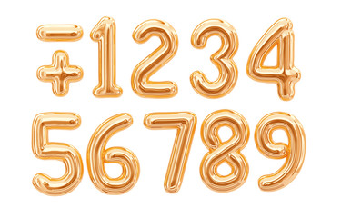 Gold foil numbers, 1, 2, 3, 4, 5, 6, 7, 8, 9 isolated on white background. 3d rendering