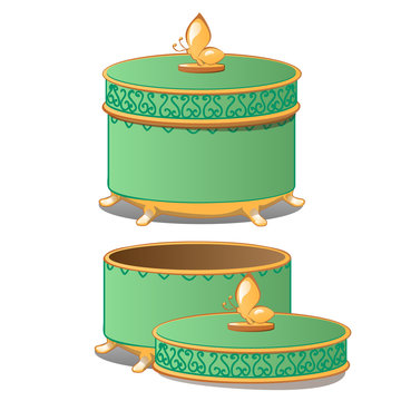 Set of closed and opened round ornate gift boxes with lids green color isolated on white background. Vector cartoon close-up illustration.