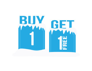 Abstract winter sale icon. Buy one get one free text and numbers, blue ice cubes and snow on white background