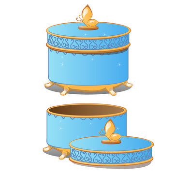 Set of closed and opened round ornate gift boxes with lids blue color isolated on white background. Vector illustration.
