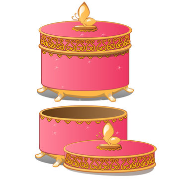 Set of closed and opened round ornate gift boxes with lids pink color isolated on white background. Vector illustration.