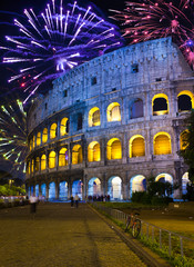 Naklejka premium Celebratory fireworks over Collosseo. Italy. Rome..