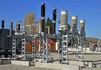 Part of high-voltage substation with switches and disconnectors.High voltage converter at a power...
