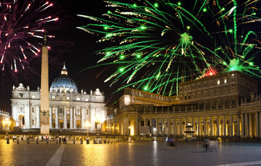 Fototapeta na wymiar Vatican. Celebratory fireworks over a St Peter's Square. Rome. Italy.