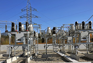 Part of high-voltage substation with switches and dis connectors.High voltage converter at a power...