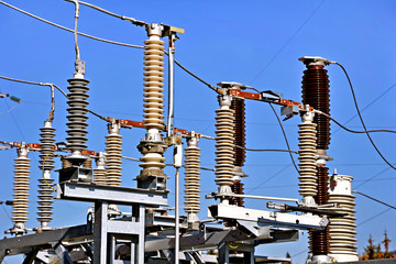 Part of high-voltage substation with switches and dis connectors. High voltage converter at a power...