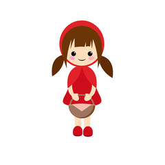Simple vector of little red riding hood with two pigtails holding a basket of food.