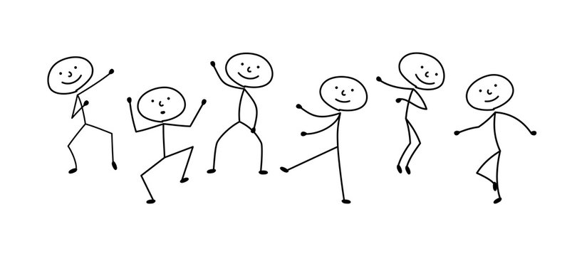 sketches stick figure people, isolated silhouettes, man dancing, drawing joke