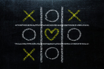 Abstract Tic Tac Toe Game Competition with heart shape in the center. XO Win Challenge Concept on black board