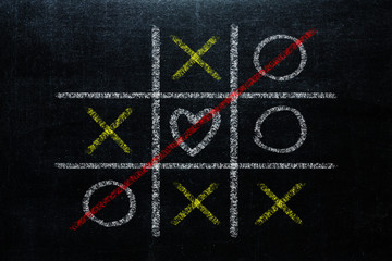 Abstract Tic Tac Toe Game Competition with heart shape in the center. XO Win Challenge Concept on black board