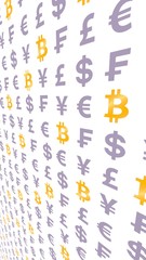 Bitcoin and currency on a white background. Digital Cryptocurrency symbol. Business concept. Market Display. 3D illustration