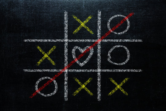 Abstract Tic Tac Toe Game Competition with heart shape in the center. XO Win Challenge Concept on black board