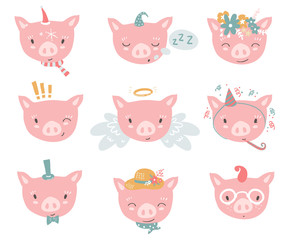 Obraz premium Vector collection with piglet faces. Emoji. Sleeping, angel, fou