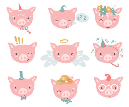 Vector collection with piglet faces. Emoji. Sleeping, angel, fou