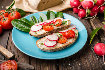 Homemade bread with fresh creame, herbs and radishes